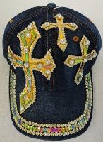 Denim Hat with Bling [Triple Crosses] Gold